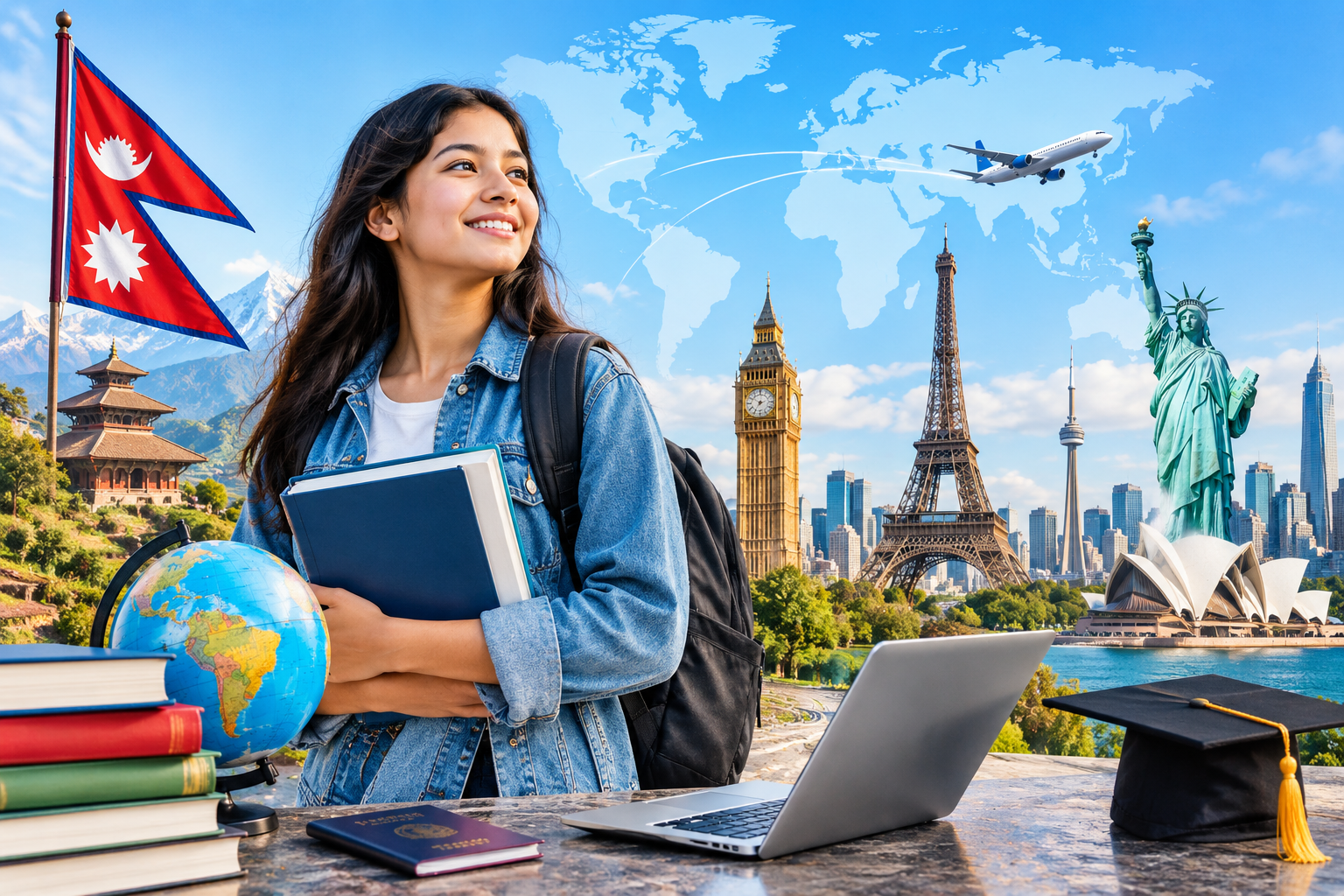 Study Abroad for Nepali Students – Nepali student preparing to study abroad with a world map, passport, books, laptop, airplane, Nepal flag and international university destinations.