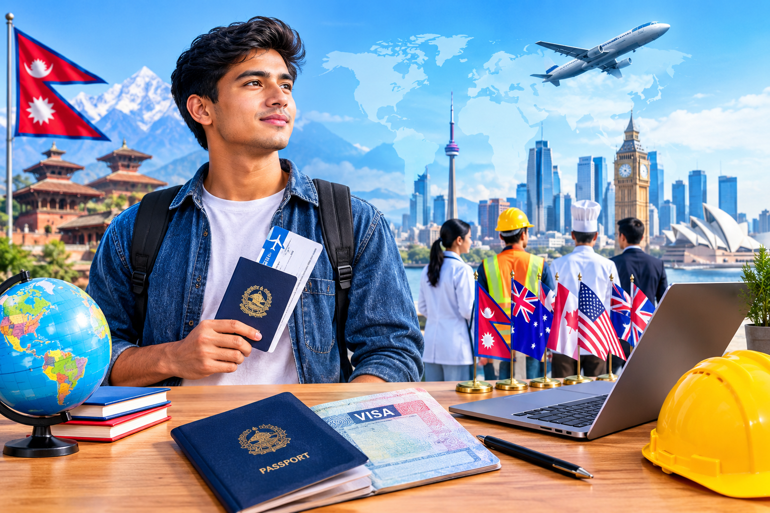 Work Visa for Nepali citizens — Nepali worker with passport and visa documents, global destinations, airplane, and international employment opportunities.