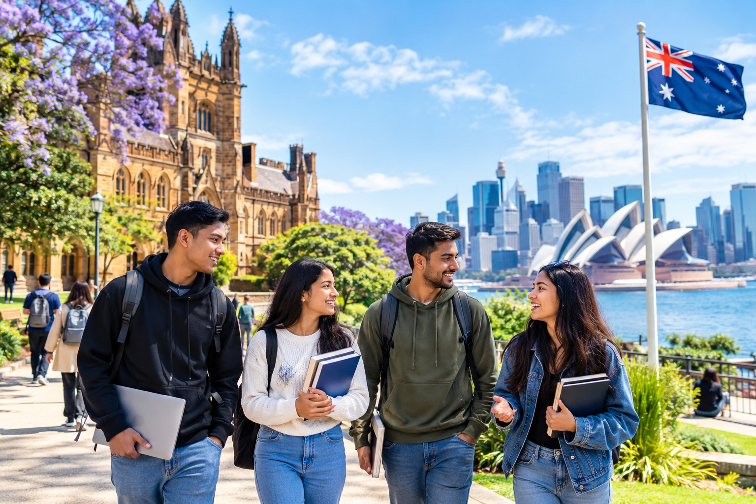 Study in Australia from Nepal: Nepali students walking through a modern Australian university campus during orientation