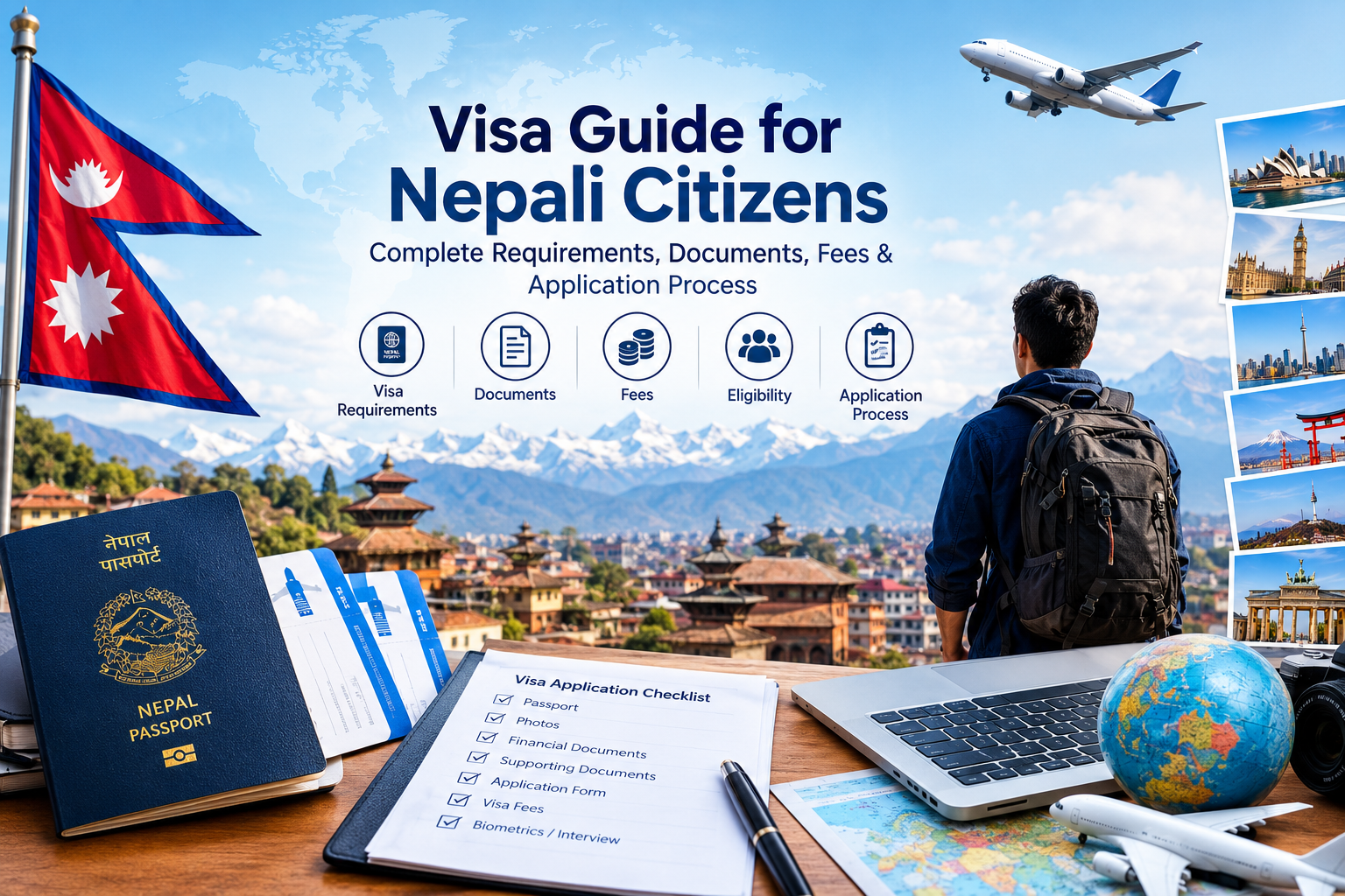 Visa Guide for Nepali Citizens showing Nepal passport, visa documents, application checklist, international travel and global destinations
